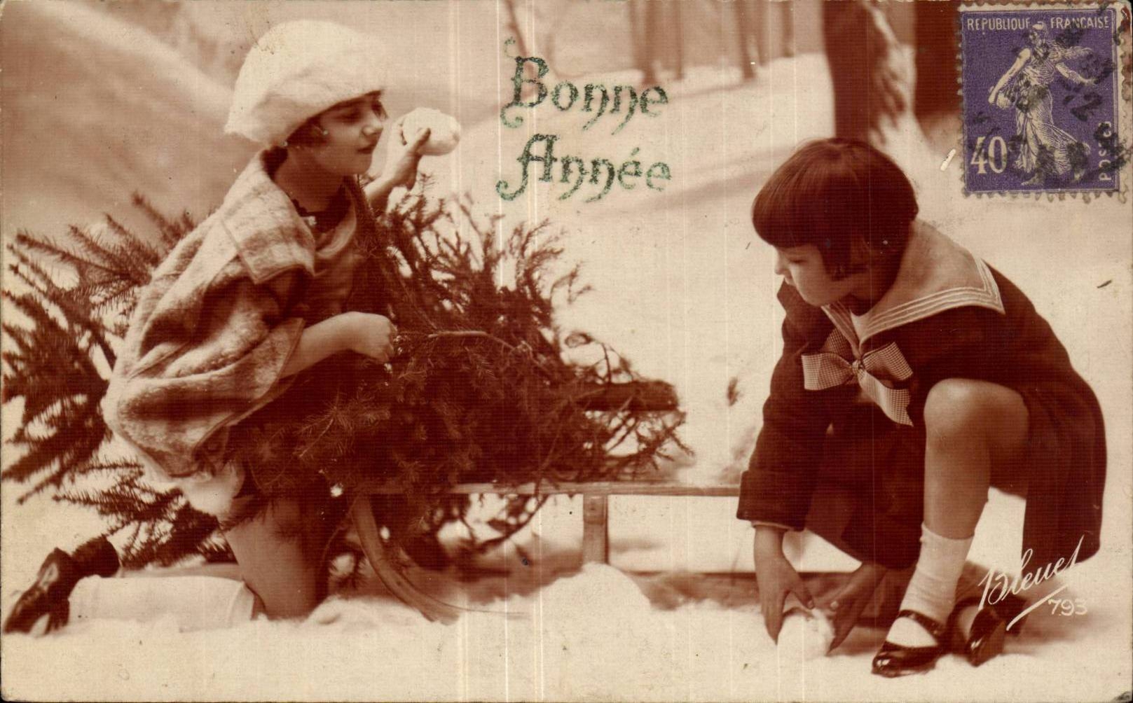 Fantaisie - Enfants - Bonne Annee - Snowball Fight - sled - - CPA 