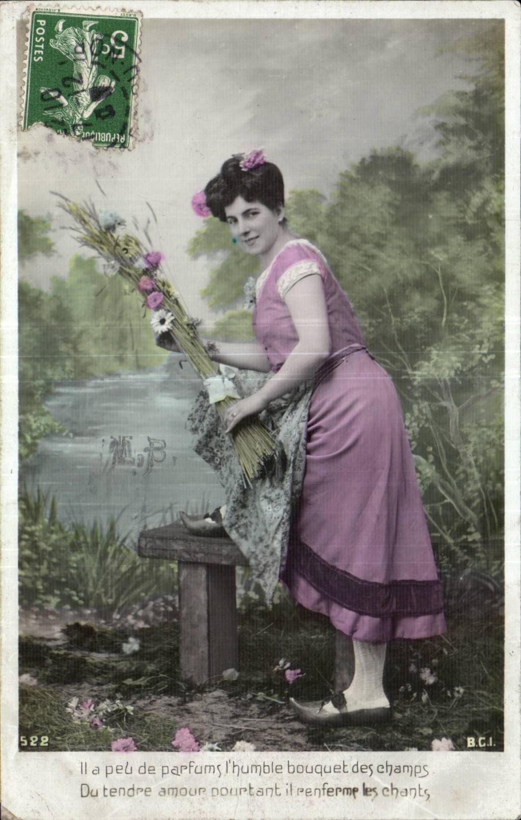 Frau mit Blumenbouquet — Flusslandschaft — B.G.I. n°522