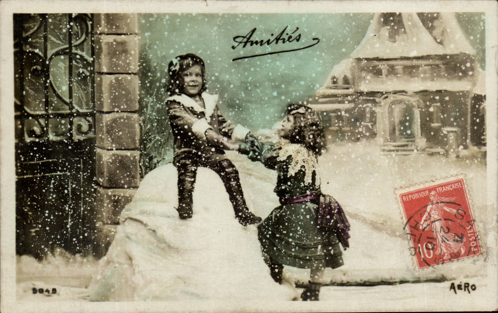 Fantaisie - Enfants - Amities - Children playing in snow CPA 