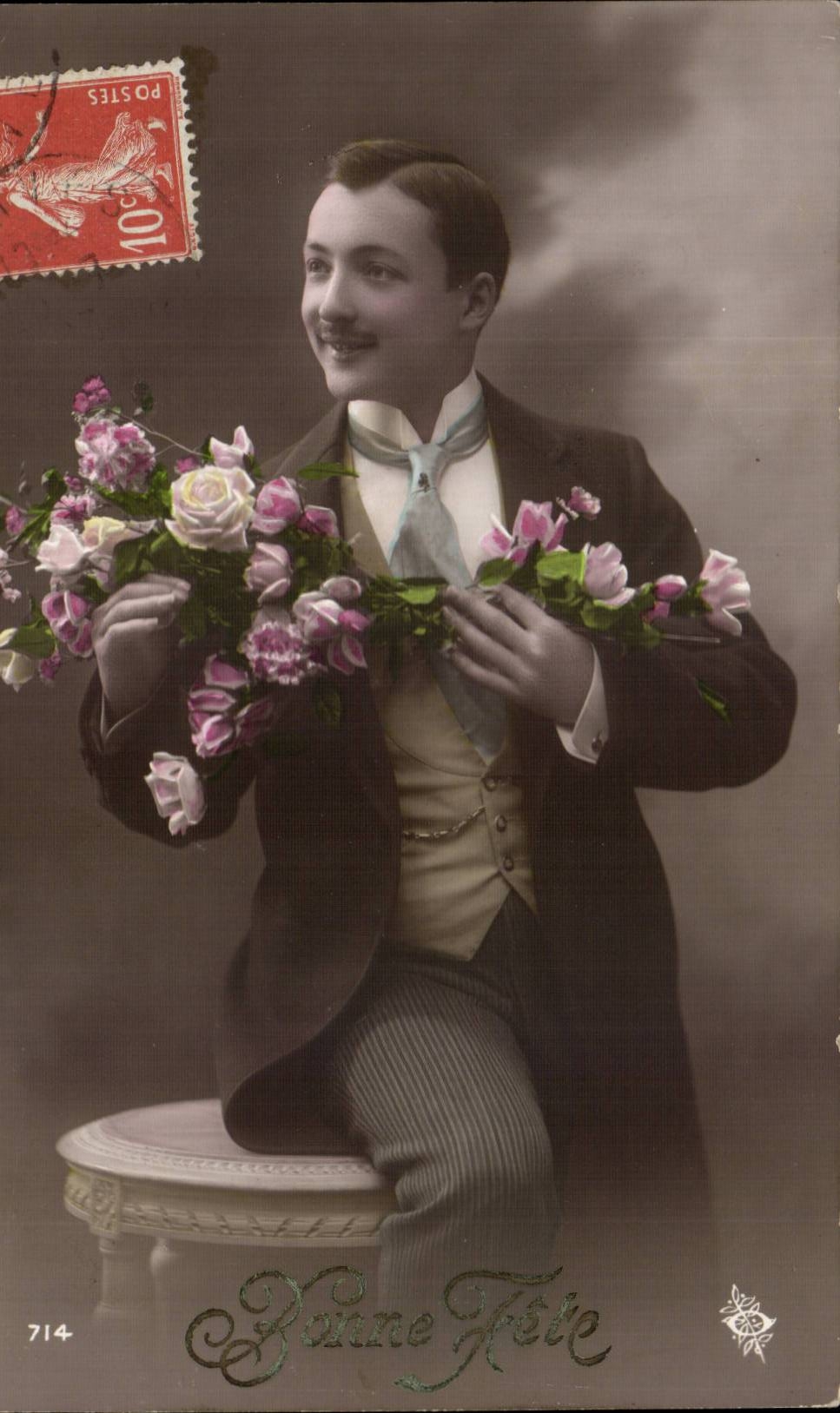 Fantaisie - Homme - man with flowers CPA 