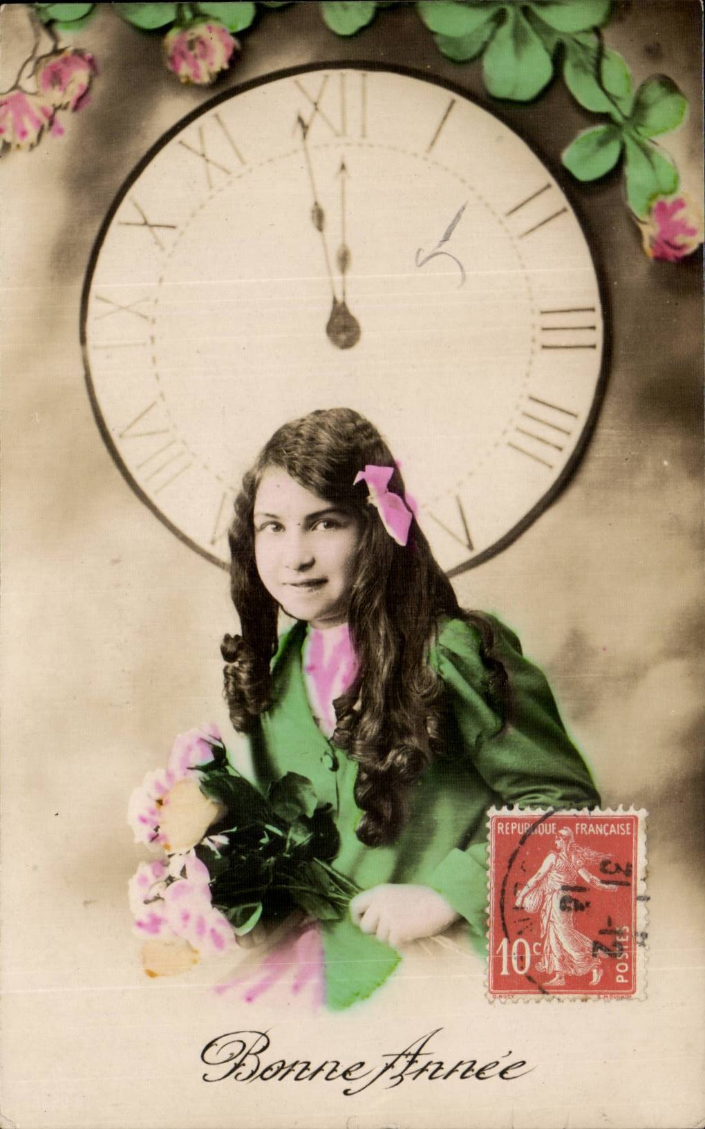 Fantaisie - Femme - Pretty little girl - horloge Clock - Bonne Annee CPA 
