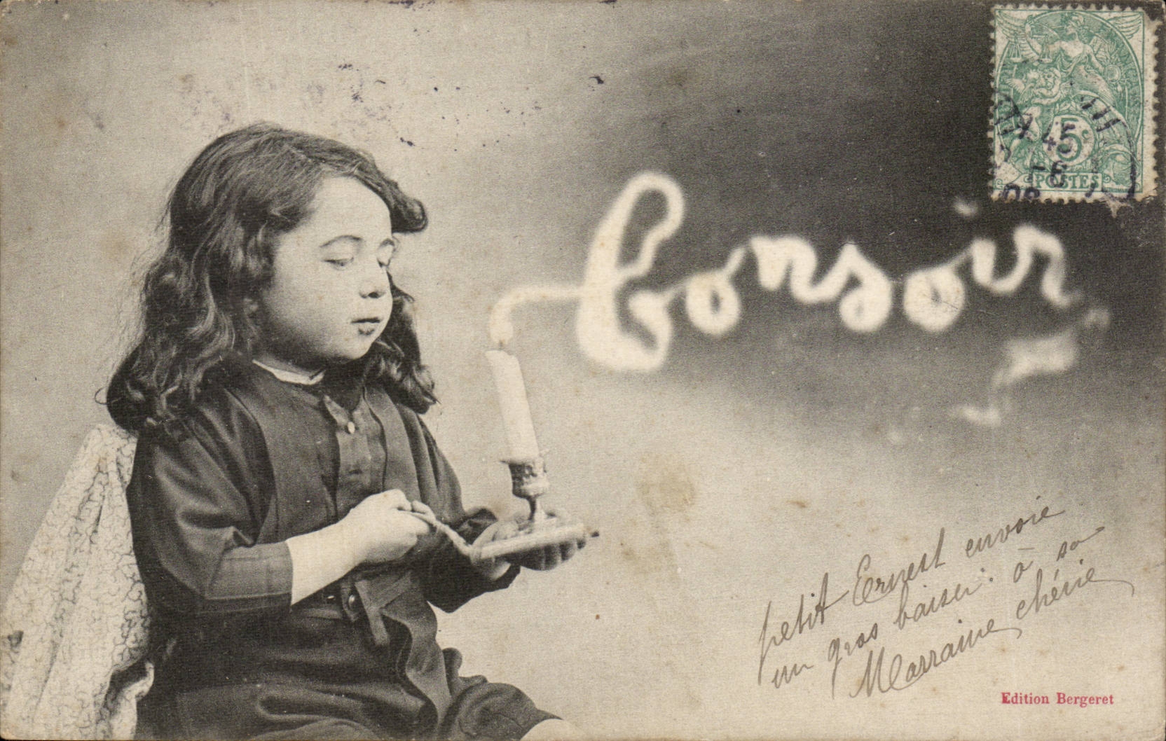 Fantaisie - Enfant - Little girl with magic lamp - genie - bonsoir CPA 