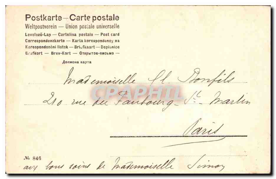 Donna con cappello a piume — cartolina postale n° 846 — Union postale universelle — Verso