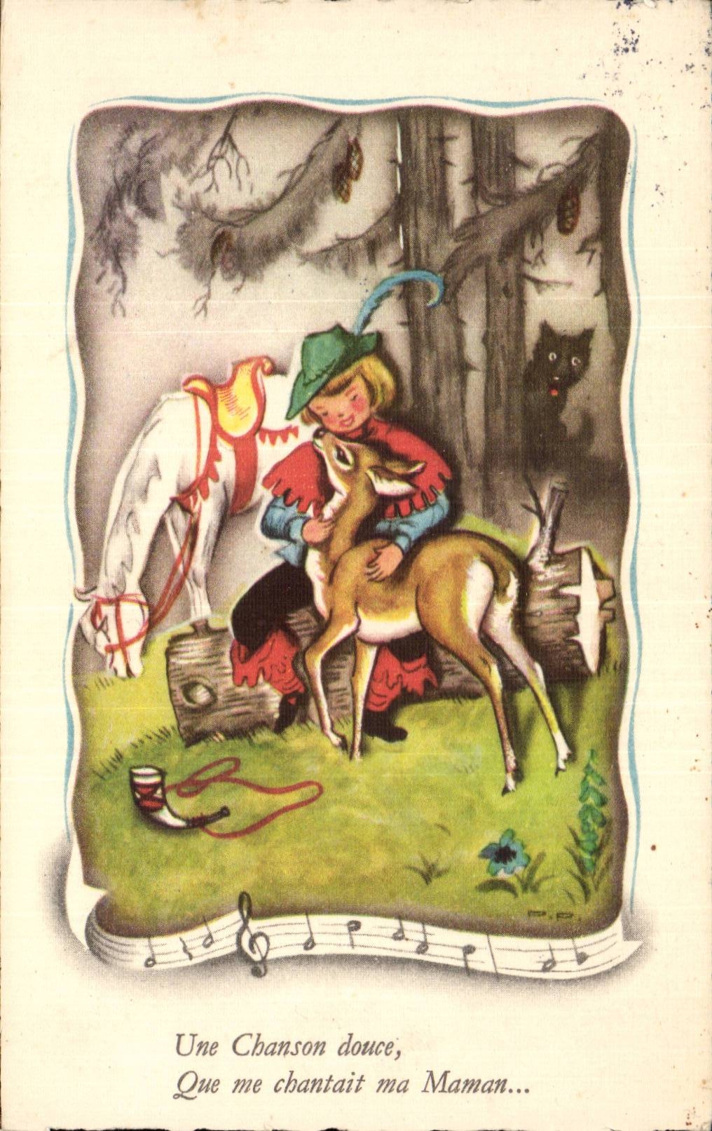 Fantaisie - Enfant - Chanson Douce - cheval - biche - loup - - horse - doe - wolf - CPA 