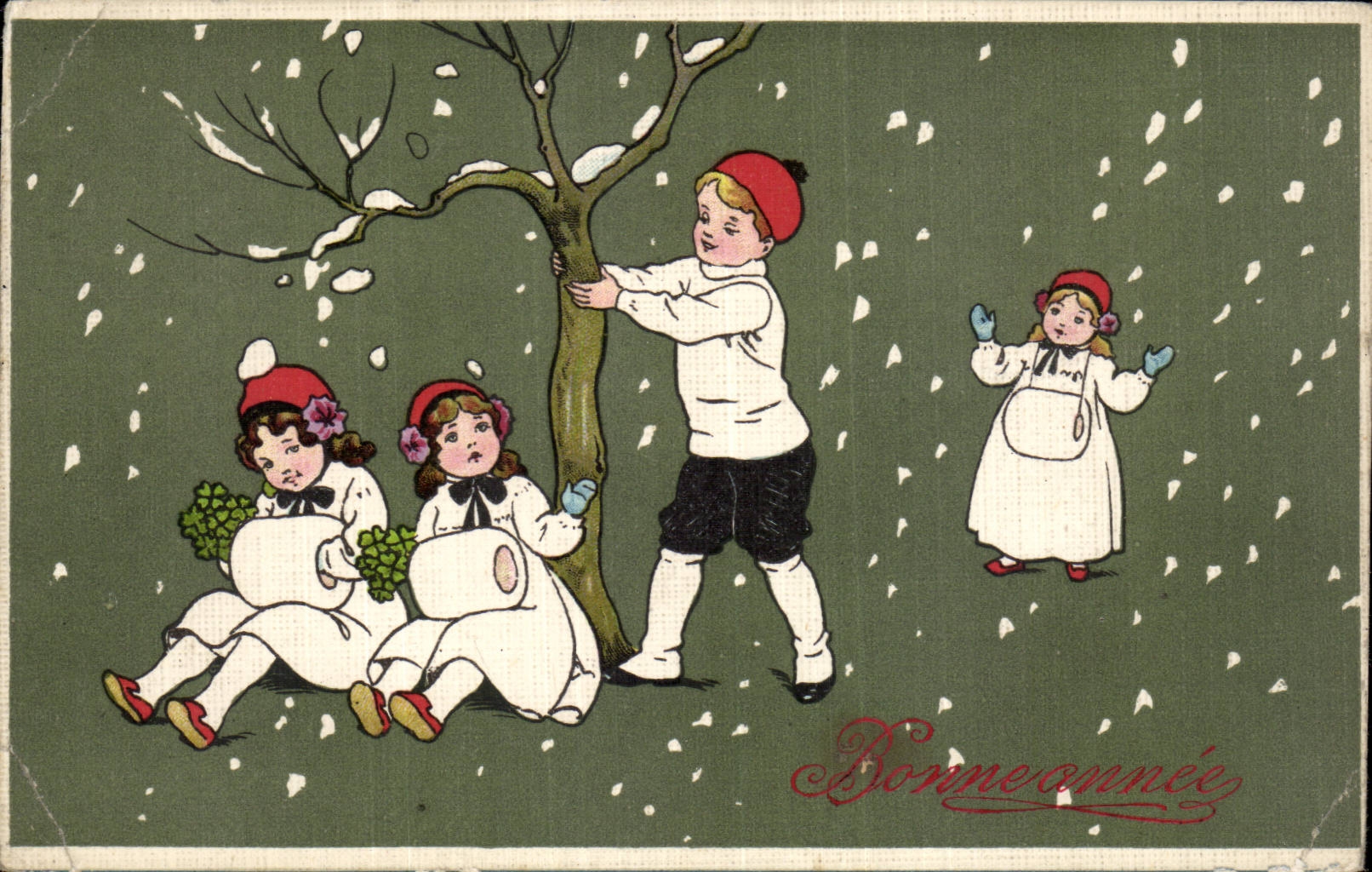 Fantaisie - Enfants - Happy children playing in the snow - Bonne Annee - CPA 