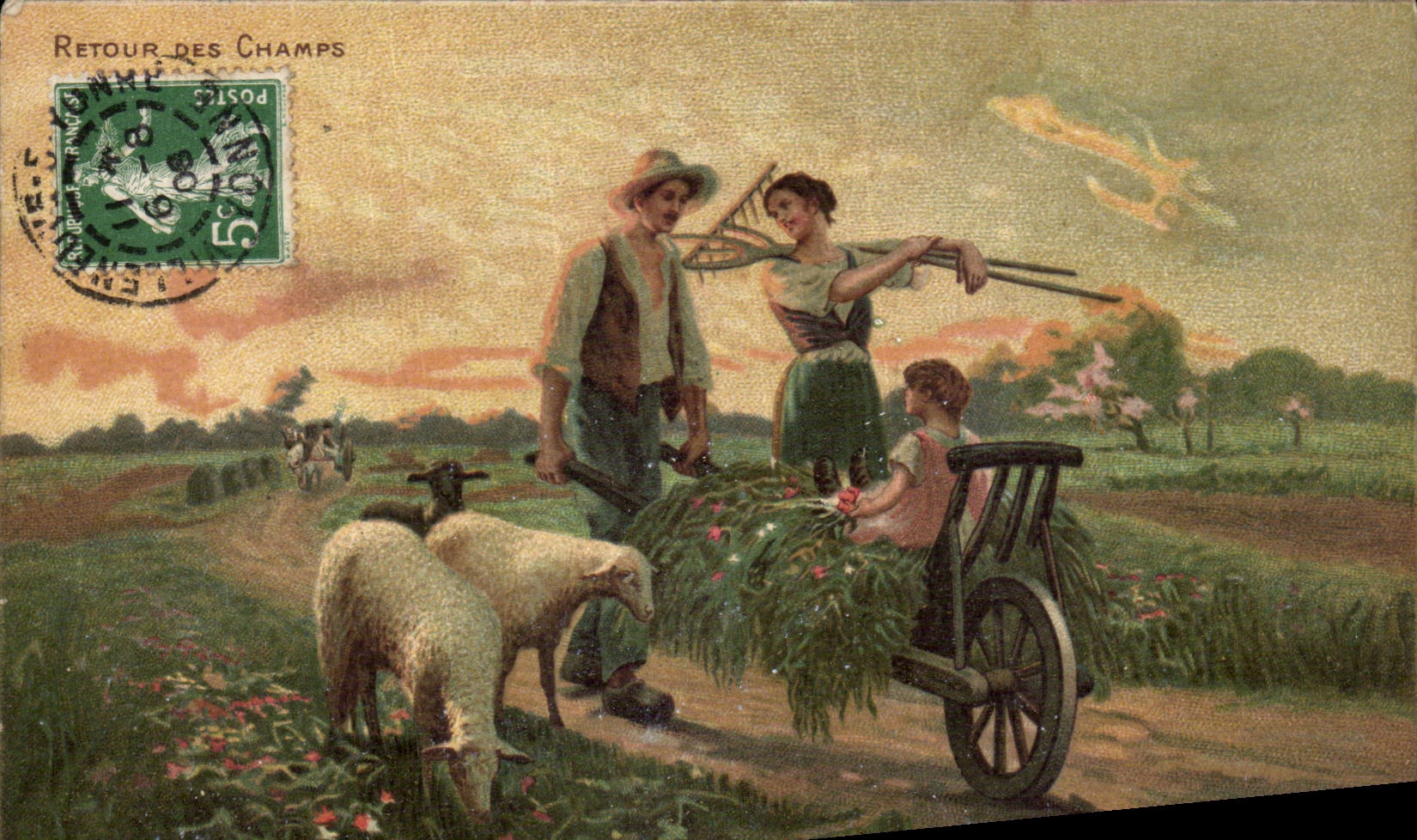 Fantaisie - Couple - Retour des Champs - mouton - sheep - CPA 