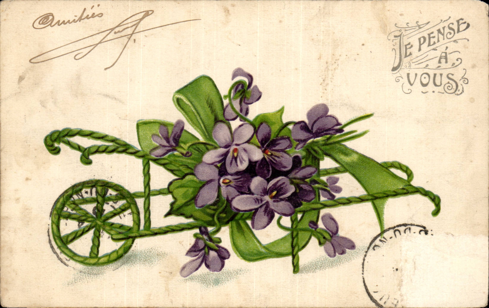 Fleurs - Little flowers in a wheelbarrow - CPA 