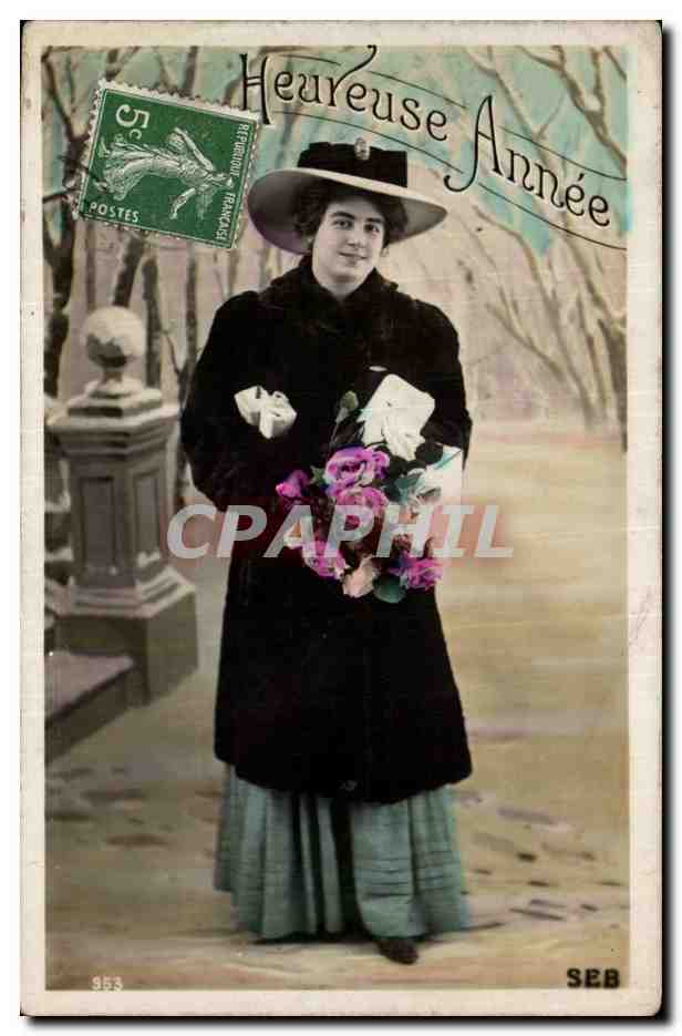 Fantaisie - Femme - Joyeuse Annee - Woman in winter clothing - CPA 