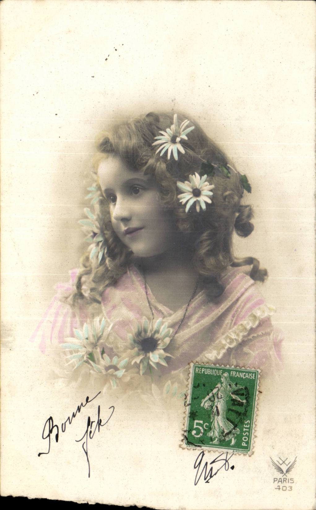 Fantaisie - Enfants - Little Girl with daisies in her hair - CPA 