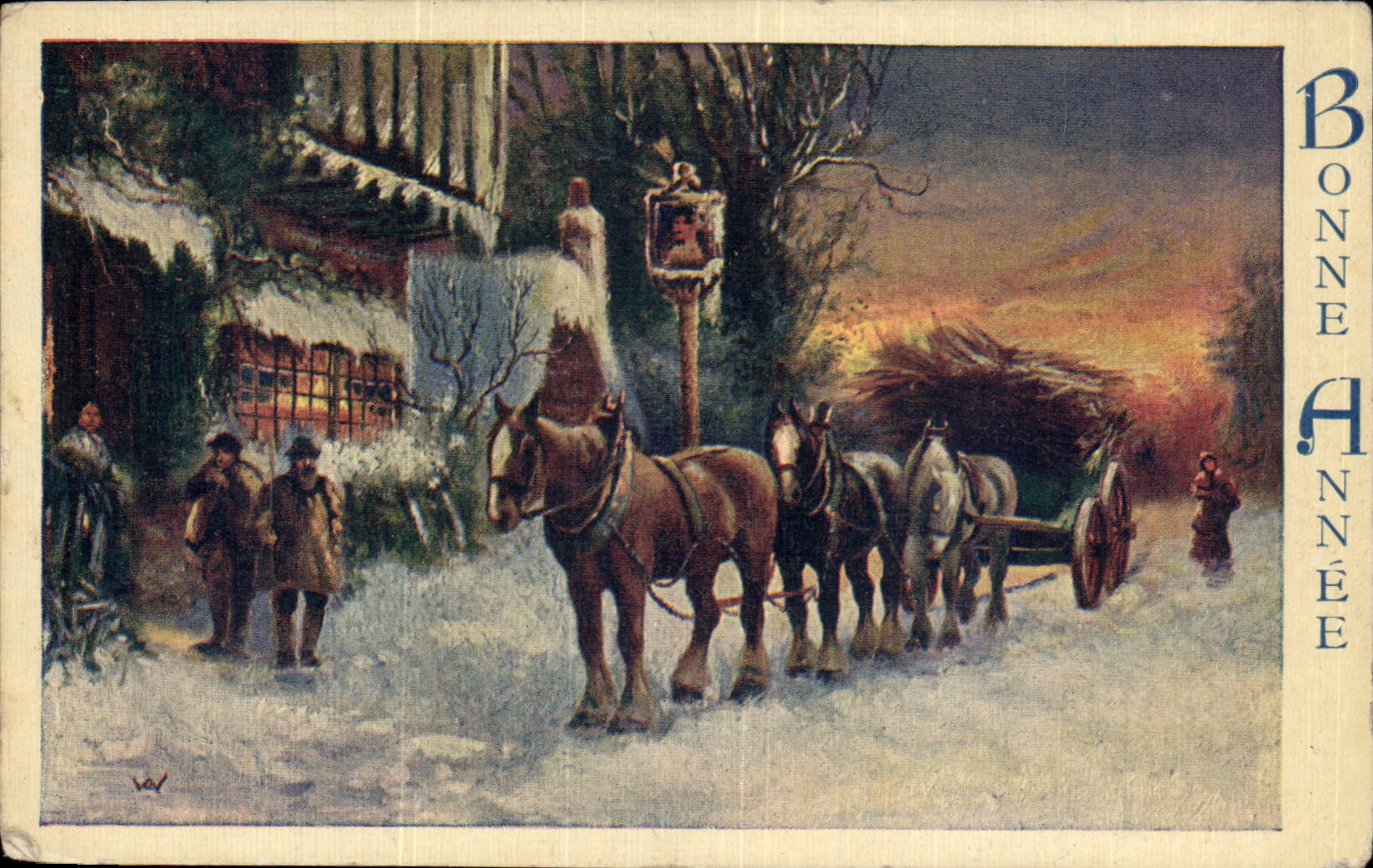 CPA Fantaisie Bonne annee Attelage Chevaux