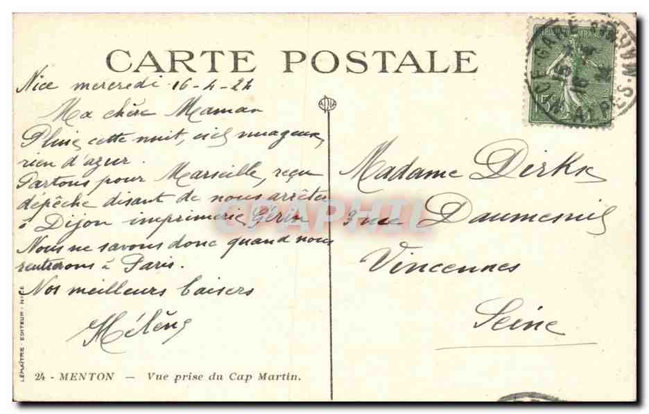 CPA Menton Vue prise du Cap Martin — Rückseite