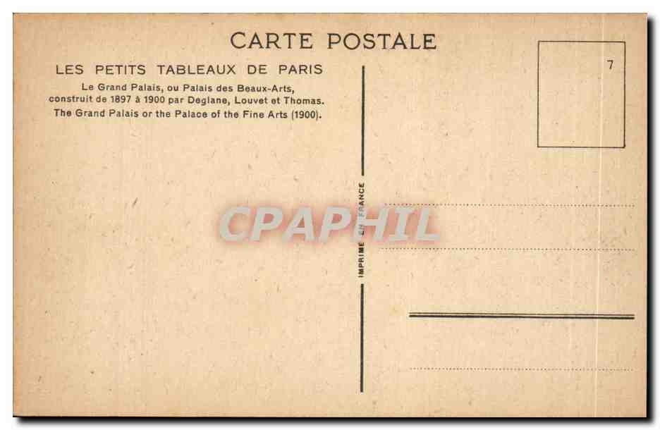 Paris CPA Le grand palais ou palais des Beaux Arts — Verso