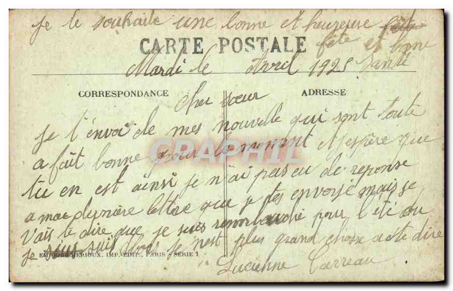 Femme tenant un bouquet — vue de village avec église — Éditeur Beridoux, Paris, série 1 — Achterkant