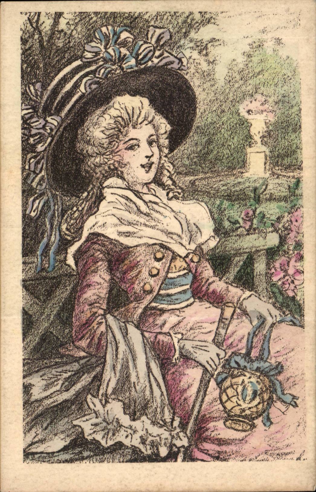 Femme en costume d'époque — jardin — J. PICOT, Édit., Paris