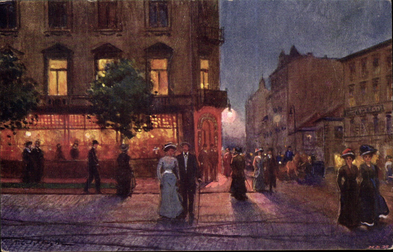 Nächtliche Szene einer Straße in Warschau — Salon Kulikowski — Verleger T. Cieślewski, Nr. 68