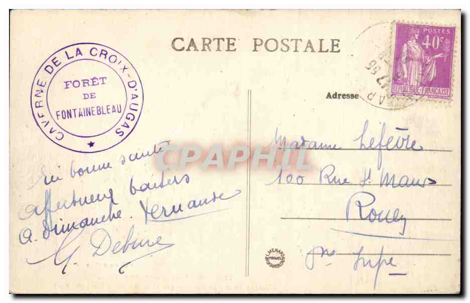 Entrée de la Caverne d'Augus — Forêt de Fontainebleau — Collection Artistique L. M. — Verso