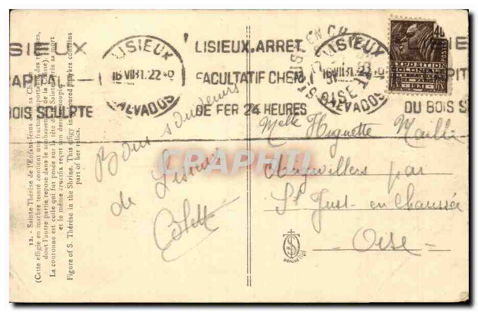 CPA Sainte therese de l'enfant Jesus dans sa chasse Lisieux — Verso