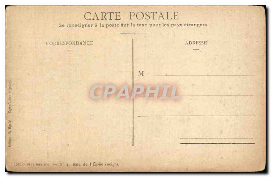 CPA Rouen pittoresque Rue de l'epee (neige) — Verso
