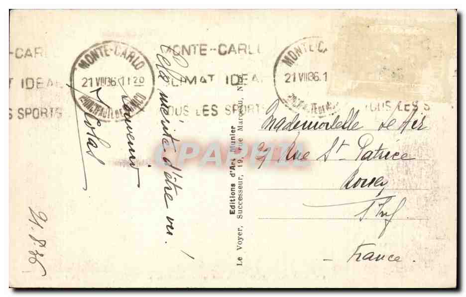 CPA Monte Carlo La rampe et les hotels — Verso
