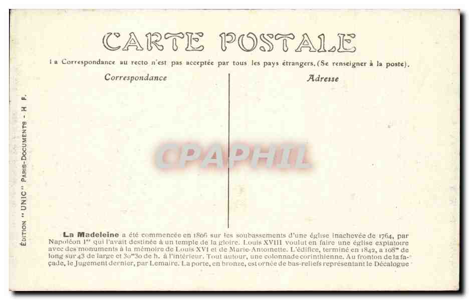 Paris - 8 - La Madeleine CPA  — Verso