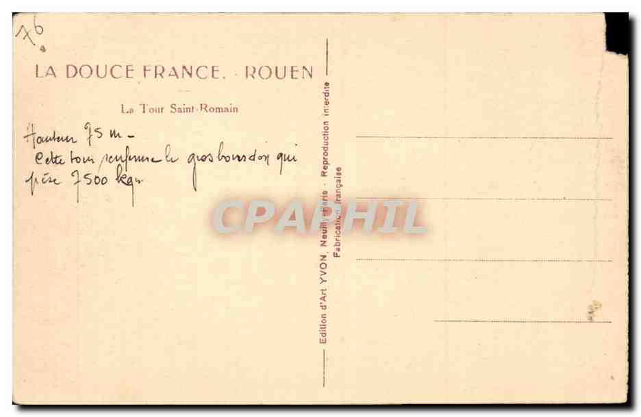 Rouen - La Tour Saint Romain - CPA  — Verso