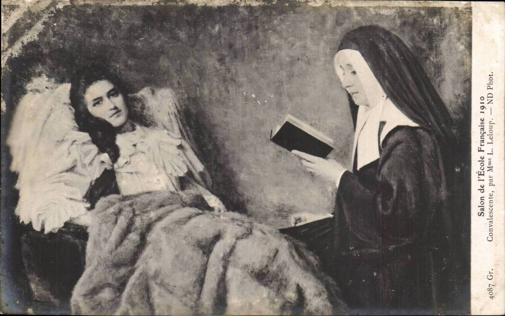 Subject: A nun reading to a young woman lying down — Salon de l'École Française 1910 — by Mme L. Leloup, ND Phot.