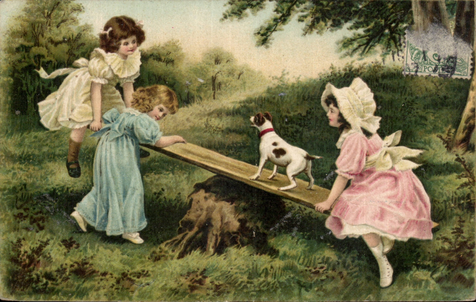 Fantaisie - Enfants - little girls playing - see-saw - chien - dog - - CPA 