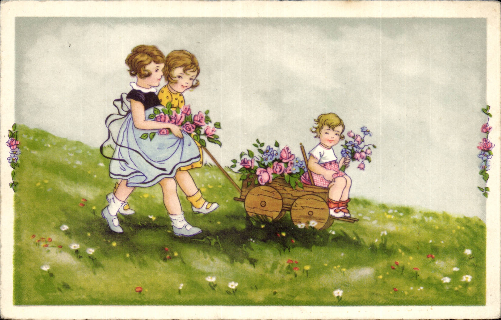 Fantaisie - Enfants - Little girls with wooden wheelbarrow - CPA 