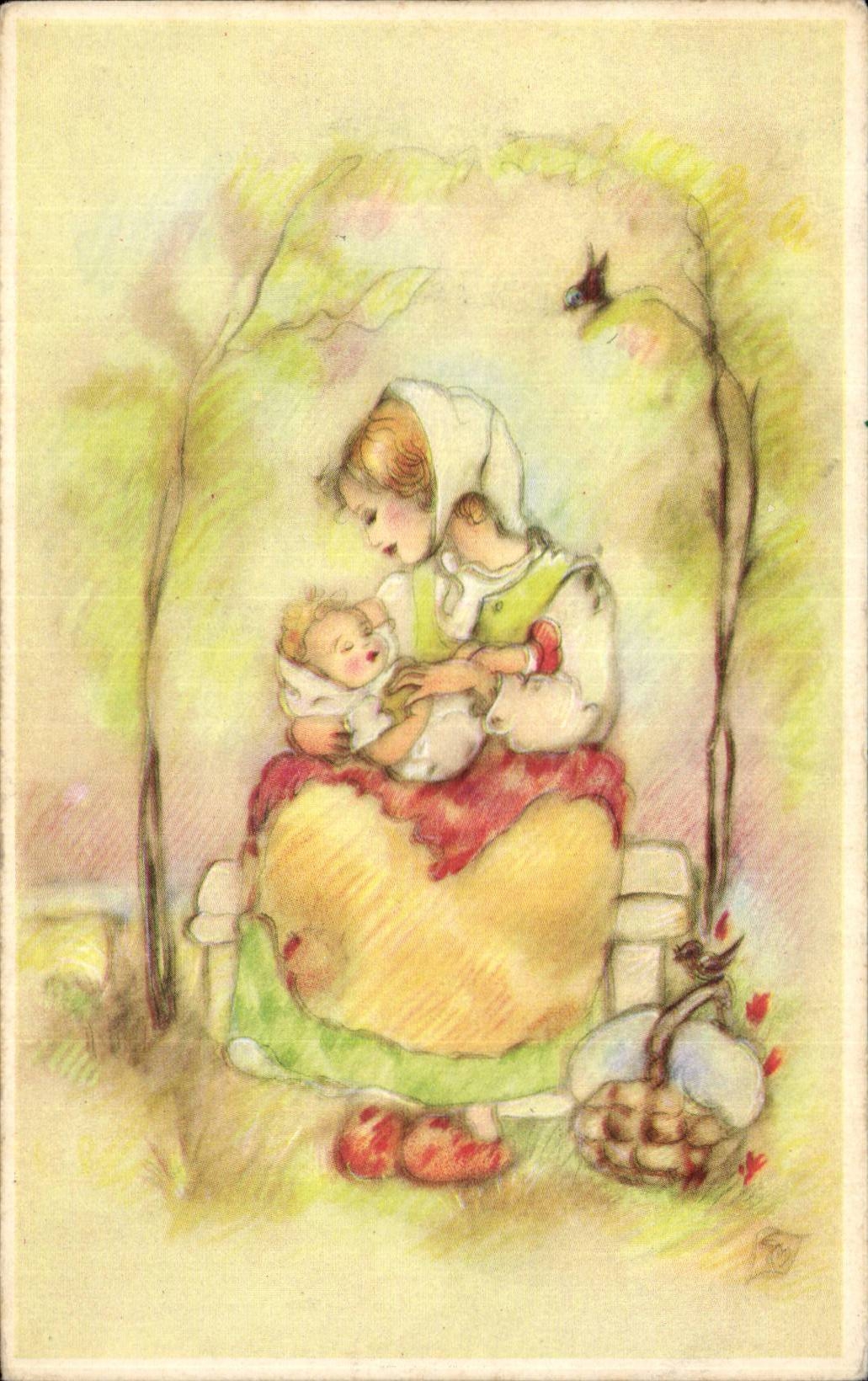 Fantaisie - Femme et enfant - bebe- baby - Mother and child - CPA 