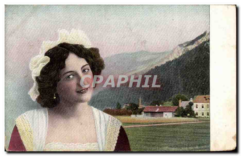 Jeune femme en costume traditionnel — paysage alpin — éditeur anonyme