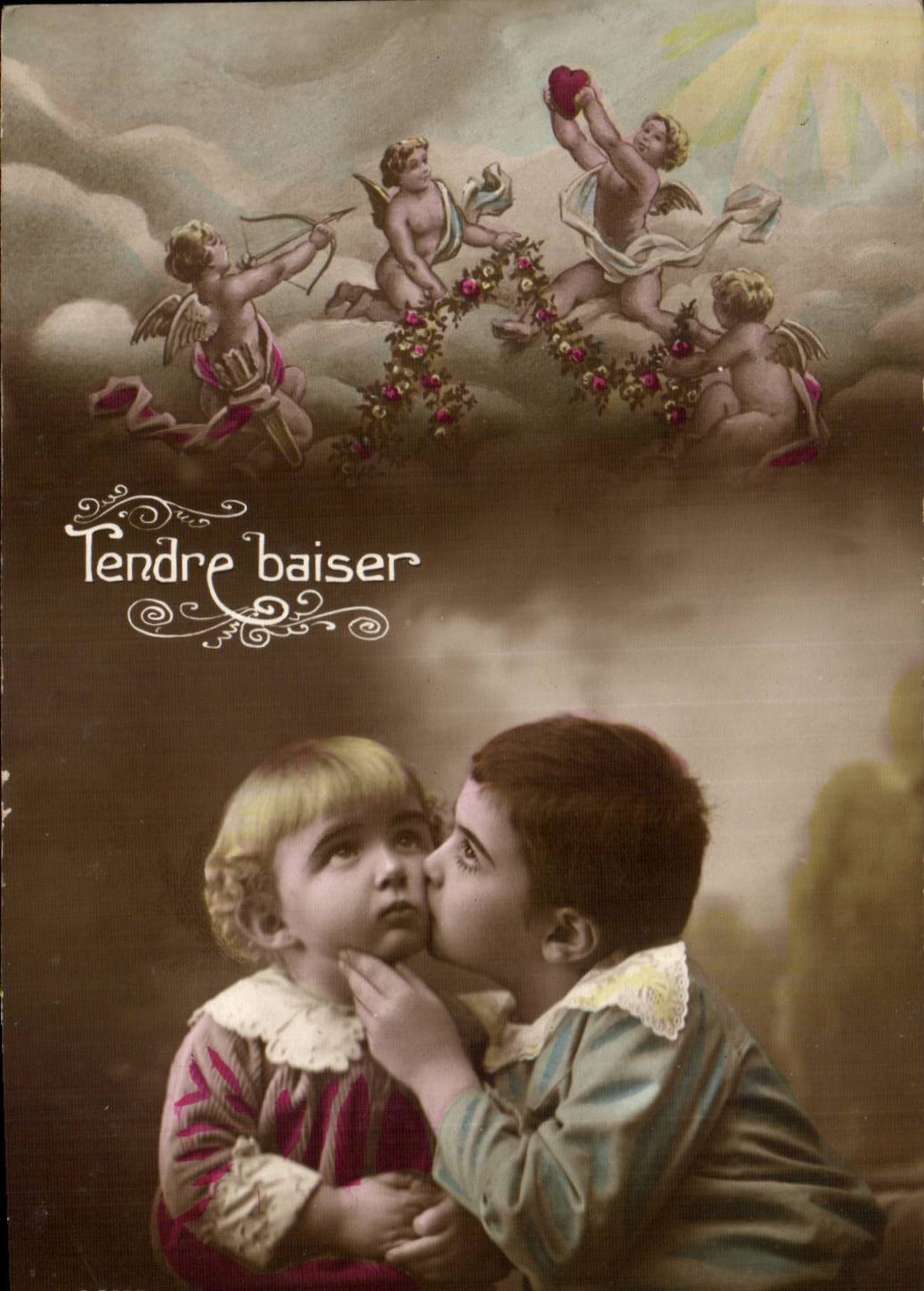 Fantaisie - Enfants - Tendre Baiser - Tender Kiss - ange - angel - engel - CPA 