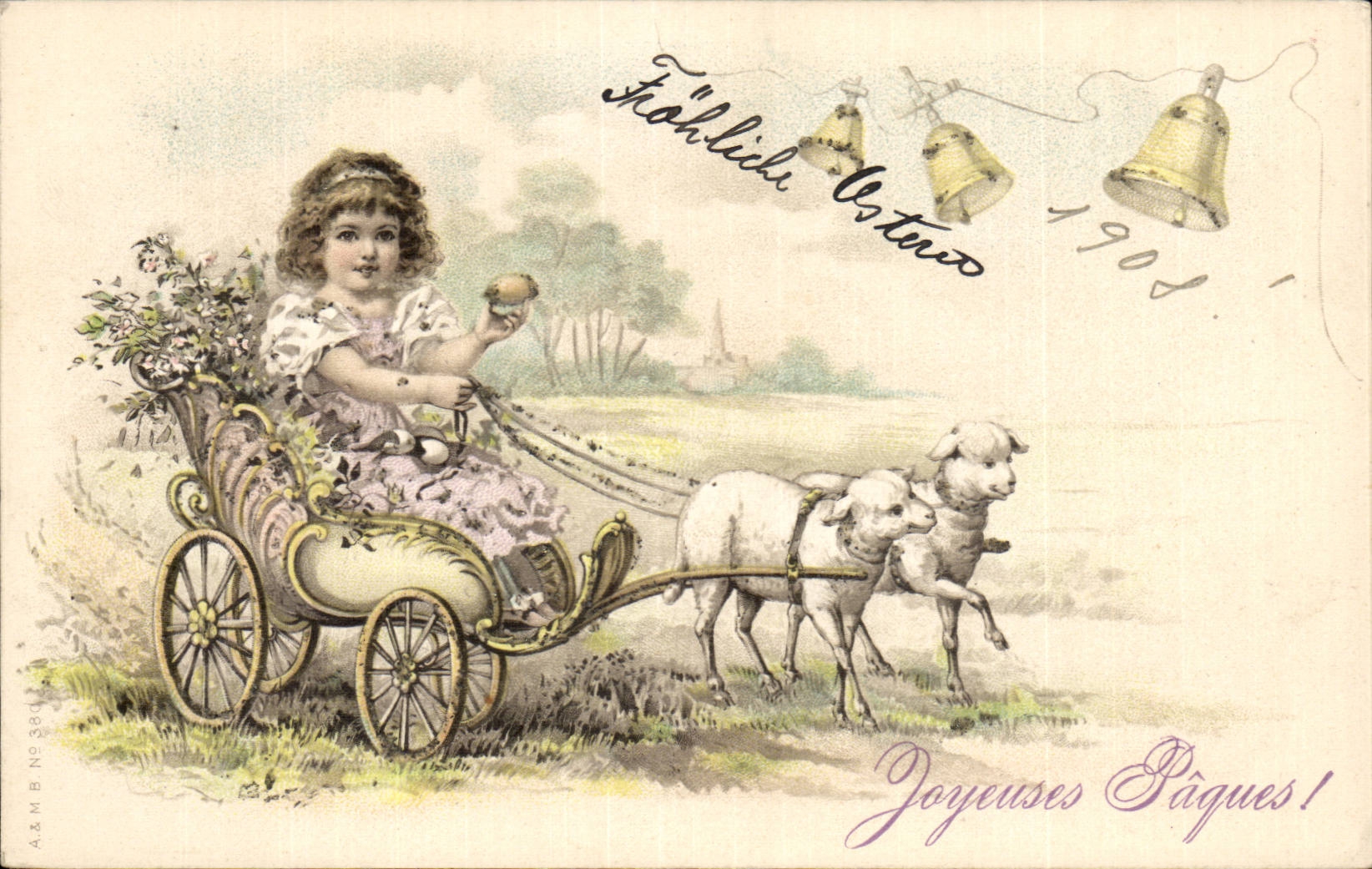 Félicitations de Pâques — Enfant dans une voiture tirée par des moutons — A&M B No 390 — 1908