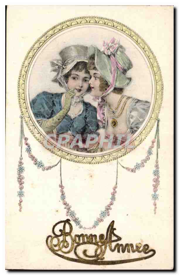 Dos jóvenes mujeres — Feliz Año — Tarjeta postal antigua de felicitación