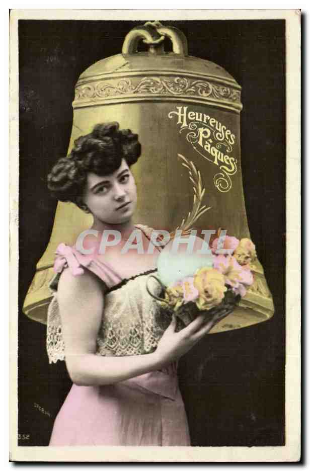 Fantaisie - Femme - Heureuse Paques - Happy Easter - Ostern - Cloche - Bell - CPA 