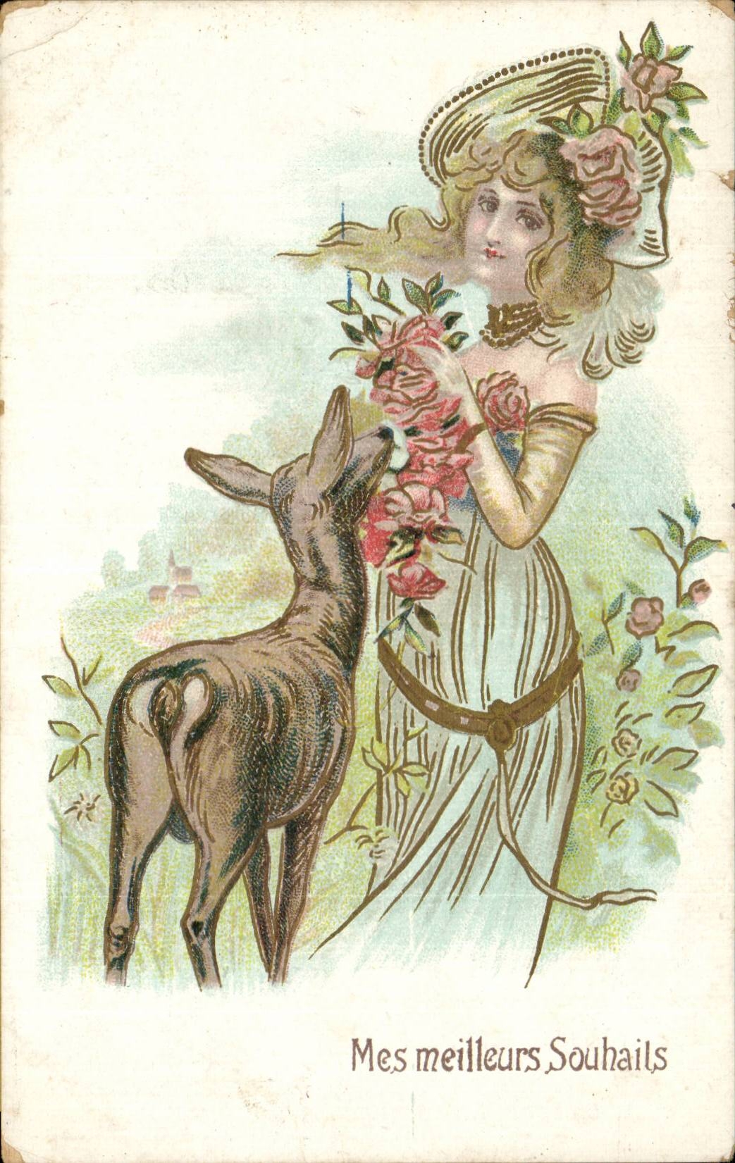 Fantasie - Femme - Woman feeding goat - CPA 