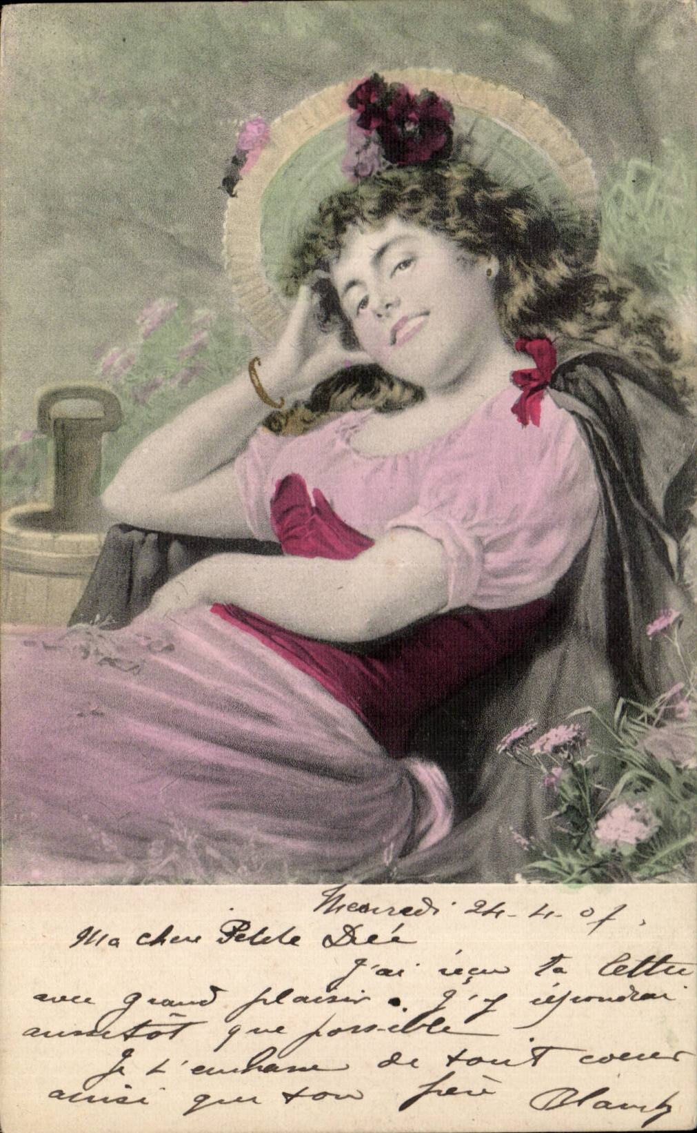 Joven mujer en vestido rosa — escena bucólica — editor CPAPHIL, número de serie no visible