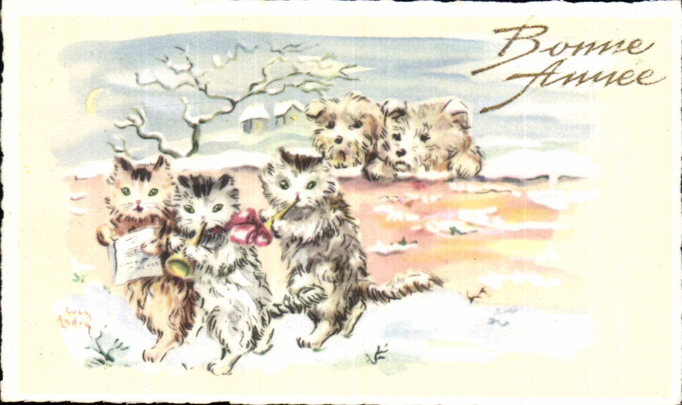 Fetes - Bonne Annee - chat - chien - cat - kitten - dog - CPA 