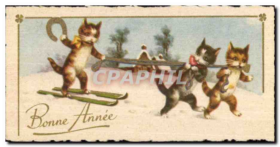 Fetes - Bonne Annee - This cat can ski - 3 cats - chat - fer a cheval - horse shoe - CPA 