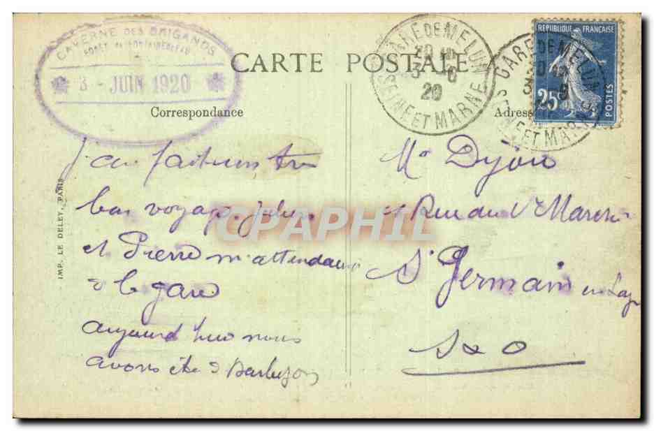 Forêt de Fontainebleau — Caverne des Brigands (Entrée) — Imp. Le Deley, Paris, n°452 — Verso