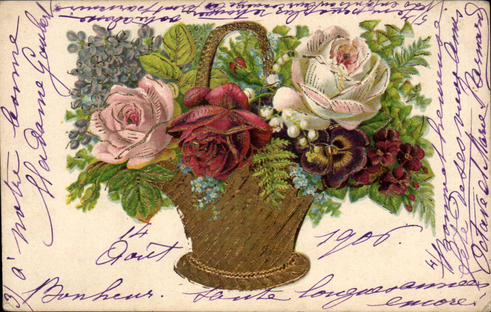 Bouquet de fleurs — Panier de roses, hortensias et fleurs sauvages — Carte postale