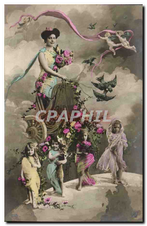 Féerie printanière — mujer en carreta tirada por palomas, rodeada de niñas y putti — editor no visible