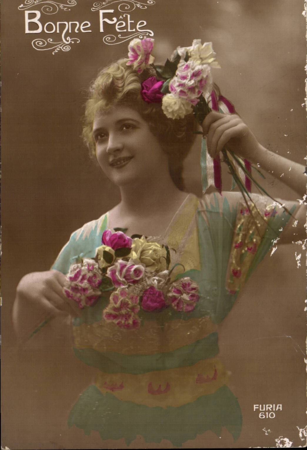 Fantaisie - Femme - Woman with short curly hair - Bonne Fete - CPA 