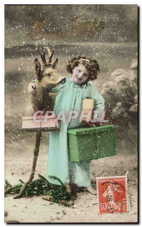 Fantaisie - Enfant - Little girl with reindeer in snowy scene CPA 