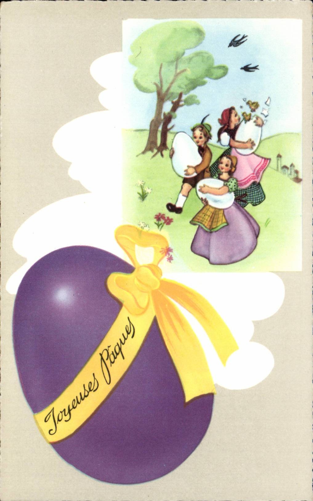 Fetes - Paques - Children Carrying Huge eggs CPA 