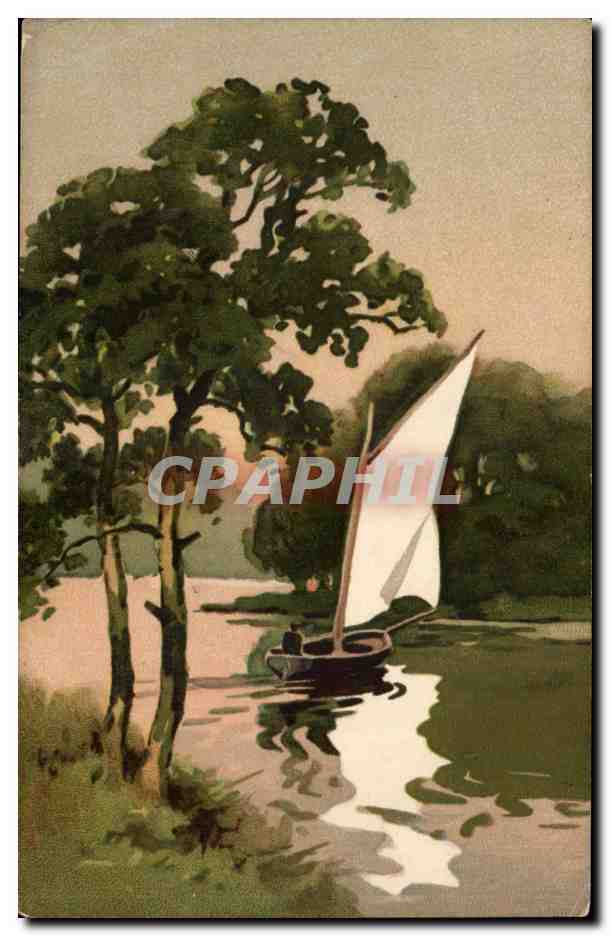 CPA Fantaisie paysage et barque