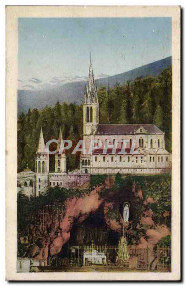CPA Lourdes La grotte et la basilique