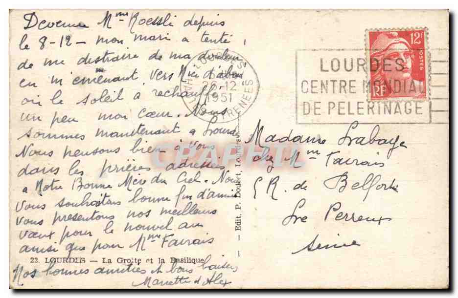 CPA Lourdes La grotte et la basilique — Verso