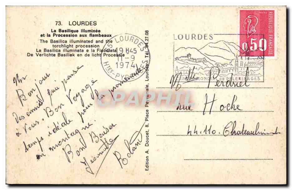 Lourdes — La Basilique illuminée et la Procession aux flambeaux — Édition A. Doucet, n°73 — Verso
