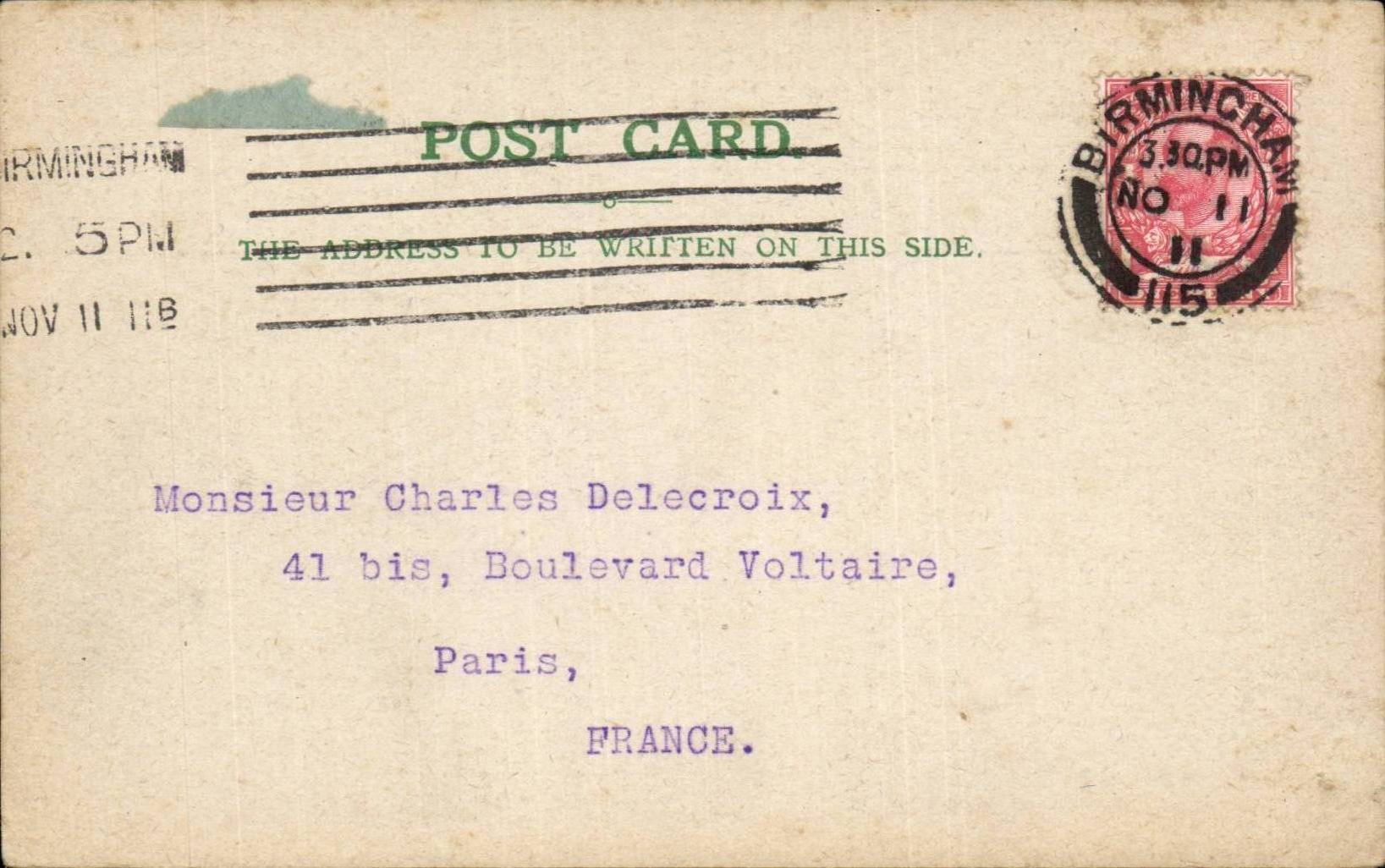 CArte postale Birmingham de aRthur Williamson Merchant and manufacturer Masshouse Lane to Delecroix Paris 1911