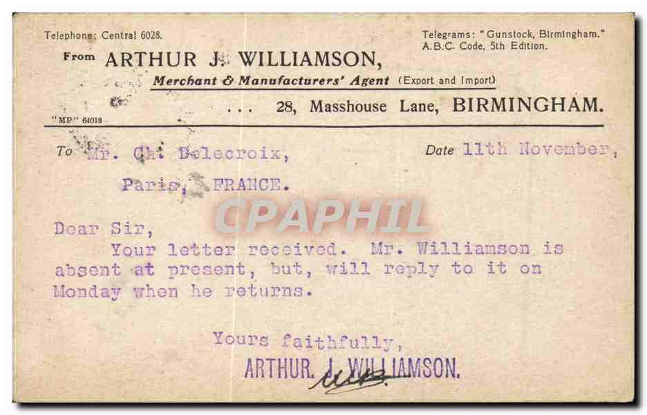 CArte postale Birmingham de aRthur Williamson Merchant and manufacturer Masshouse Lane to Delecroix Paris 1911 — Rückseite